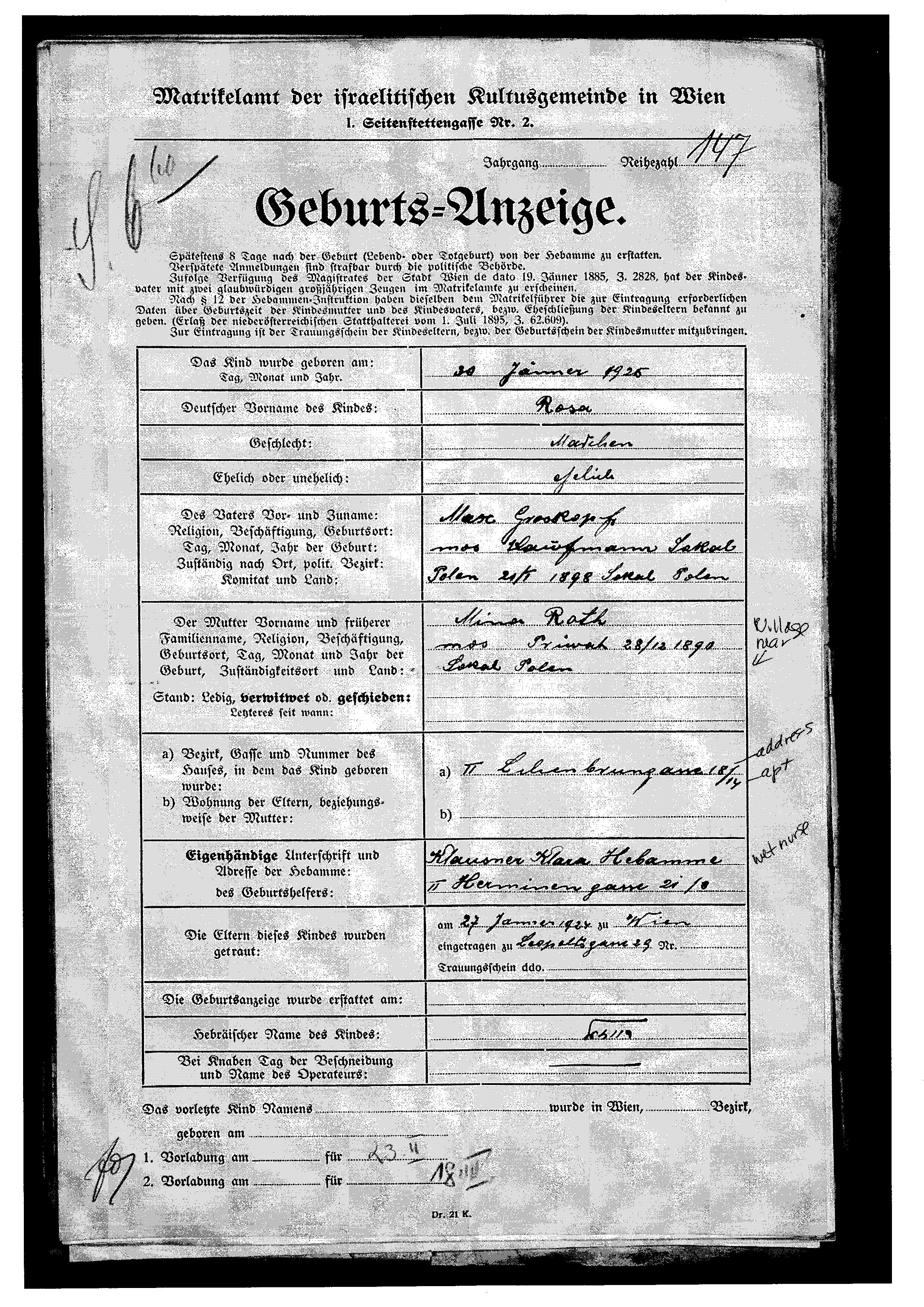 Birth Certificate Rosa Grosskopf Vienna